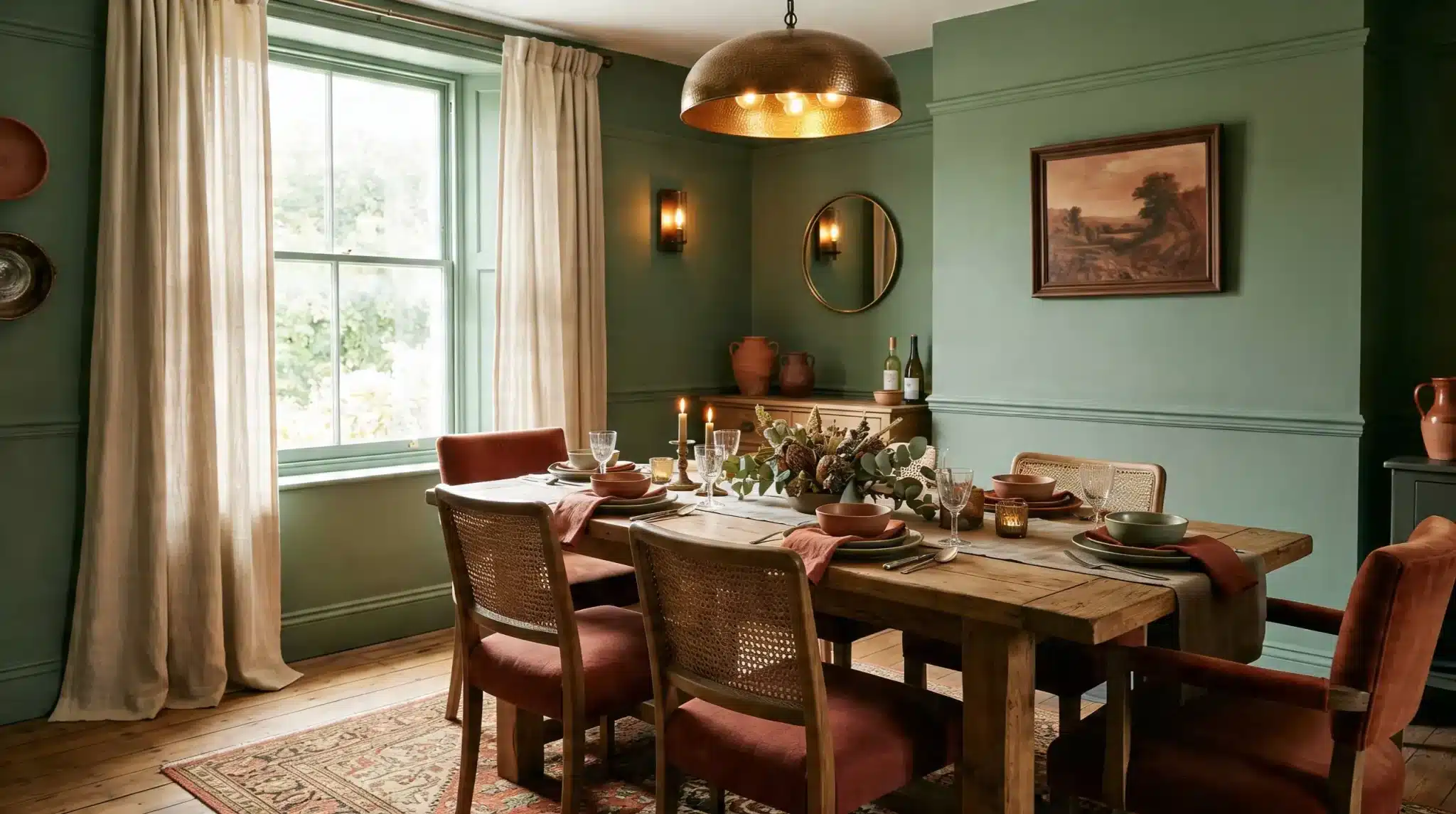 A rustic dining room featuring sage green walls, a set wooden table with terracotta tableware, cane-back chairs, and a hammered bronze pendant light