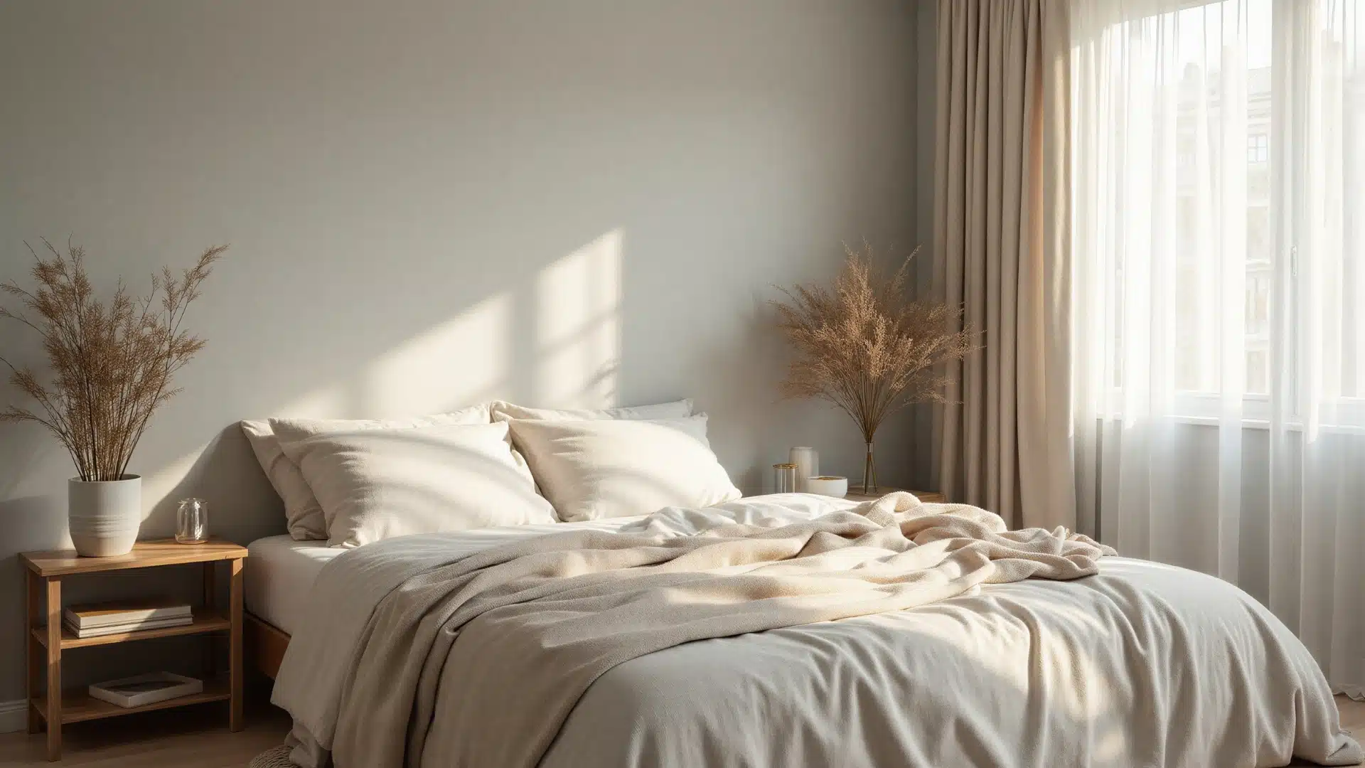 A serene bedroom with a comfortable bed positioned near a window that offers a view of the outdoors