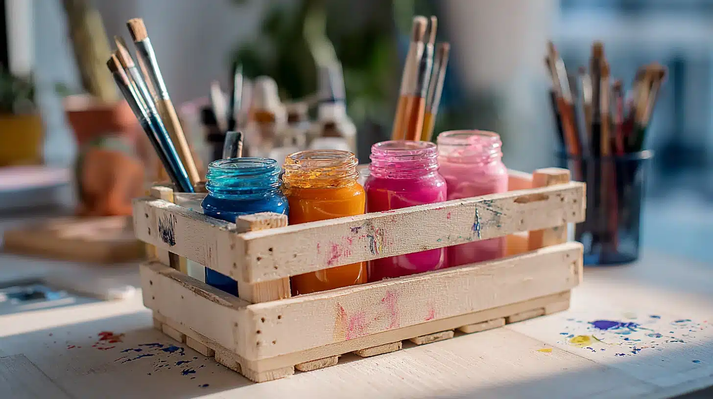 A small wooden crate holds four jars of vibrant paint—blue, orange, magenta, and pink—alongside several paintbrushes on a sunlit, paint-splattered workspace