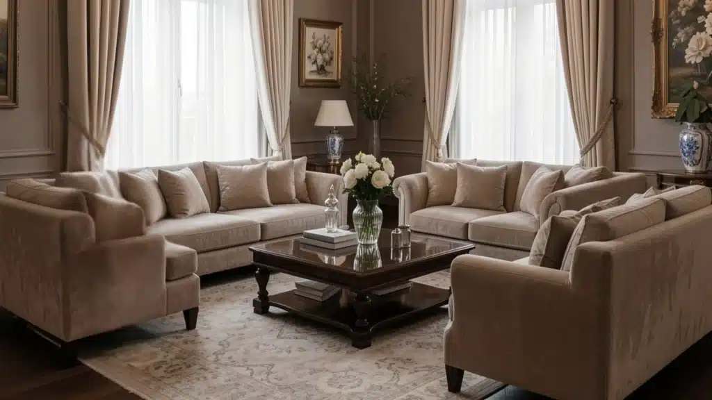 A stylish living room featuring a chandelier and elegant couches arranged for comfort and conversation.