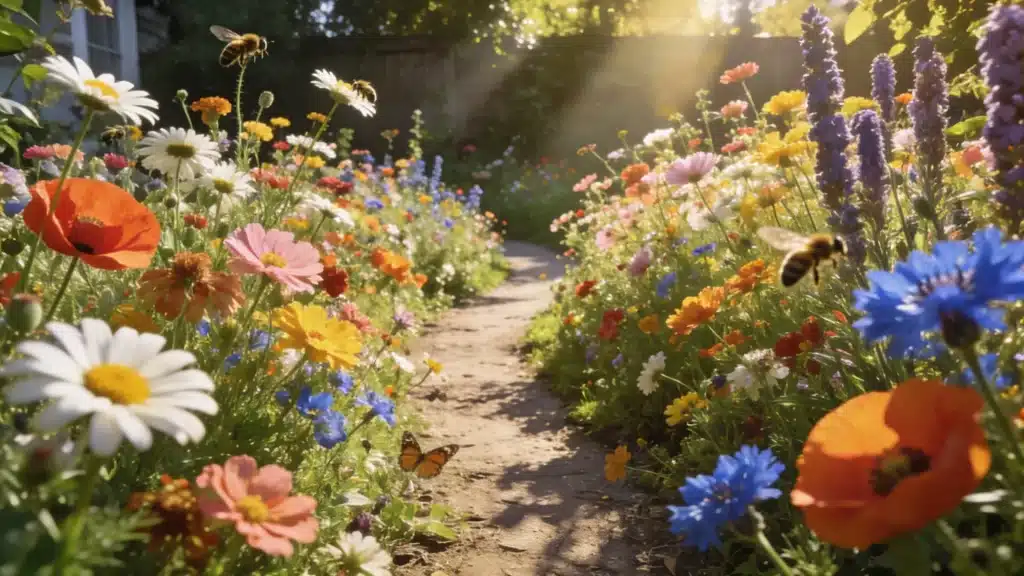 A sunlit, narrow dirt path winds between dense borders of vibrant wildflowers, including daisies, poppies, and purple spikes, with bees and a butterfly visible among the blooms.