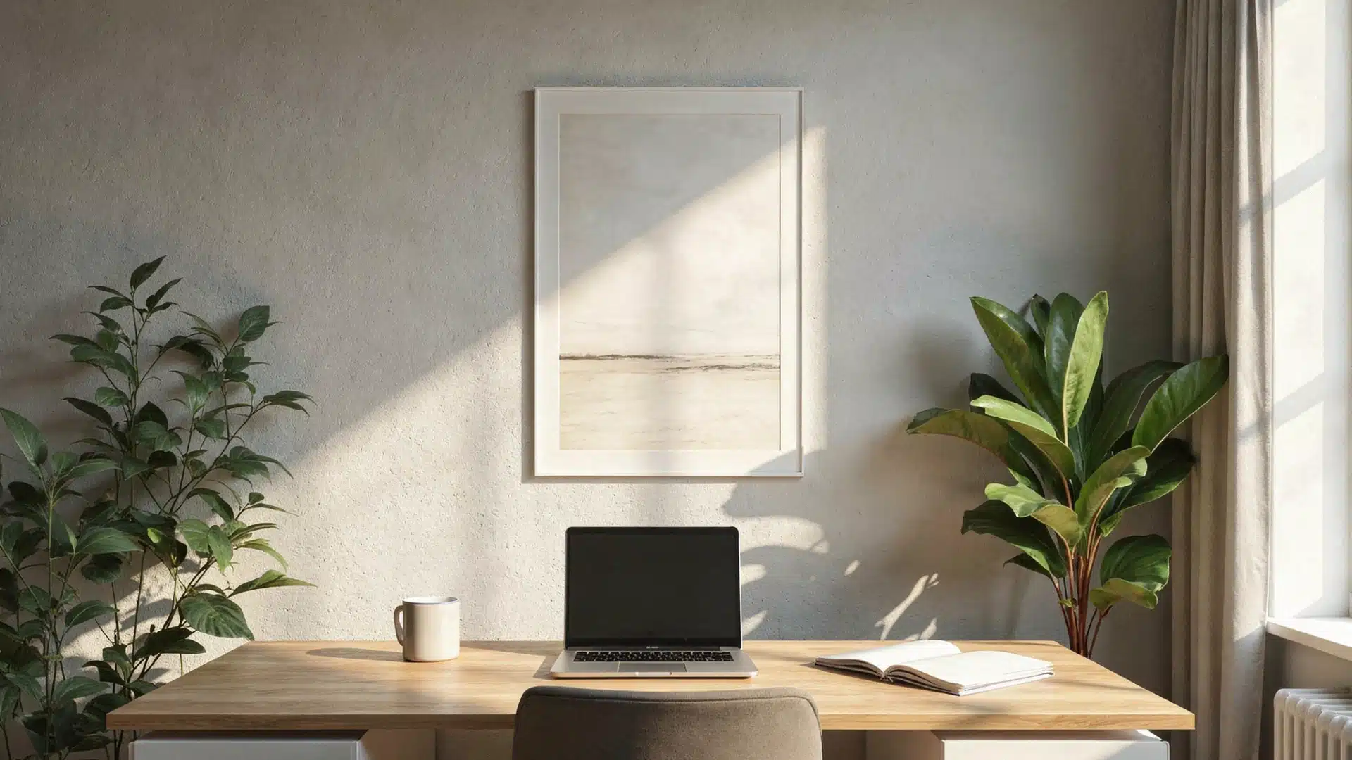 A workspace featuring a laptop and a green plant, set against a window backdrop