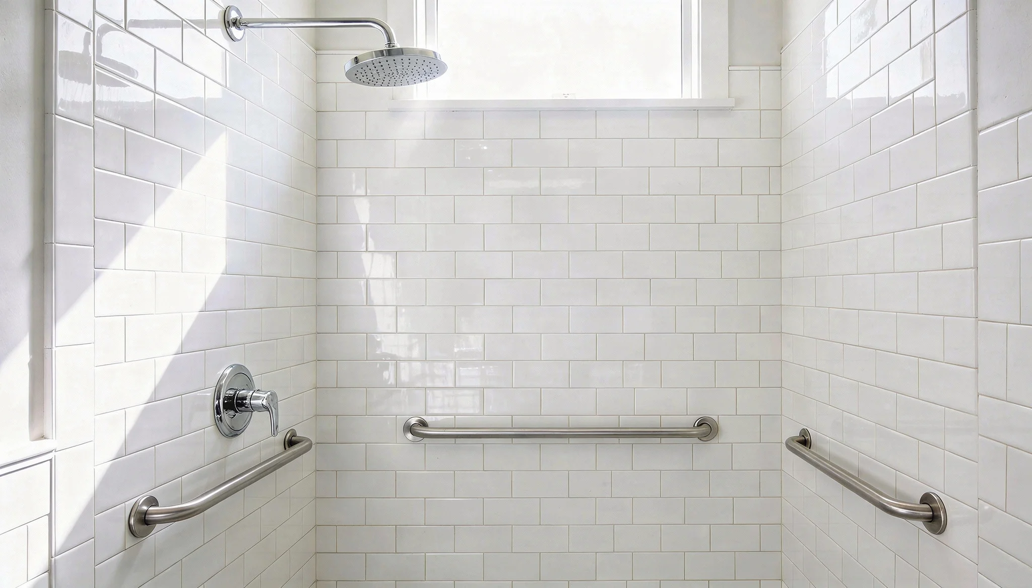 Accessible shower interior featuring white subway tile walls a rain showerhead chrome fixtures and multiple horizontal stainless steel grab bars