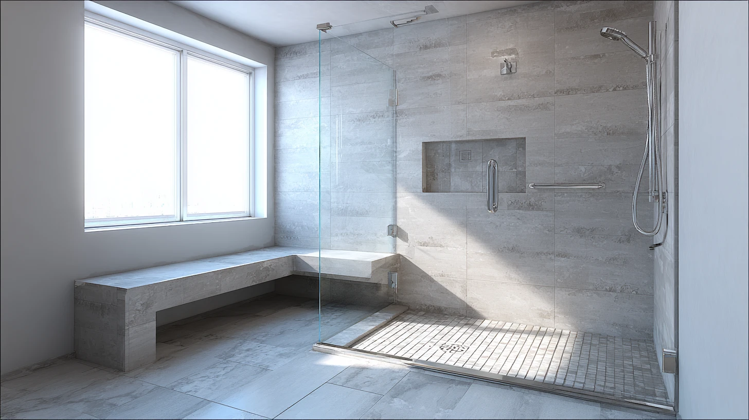 Accessible walk-in shower featuring a built-in bench and foldable seat designed with non-slip flooring grab bars and a handheld shower for safe and comfortable use