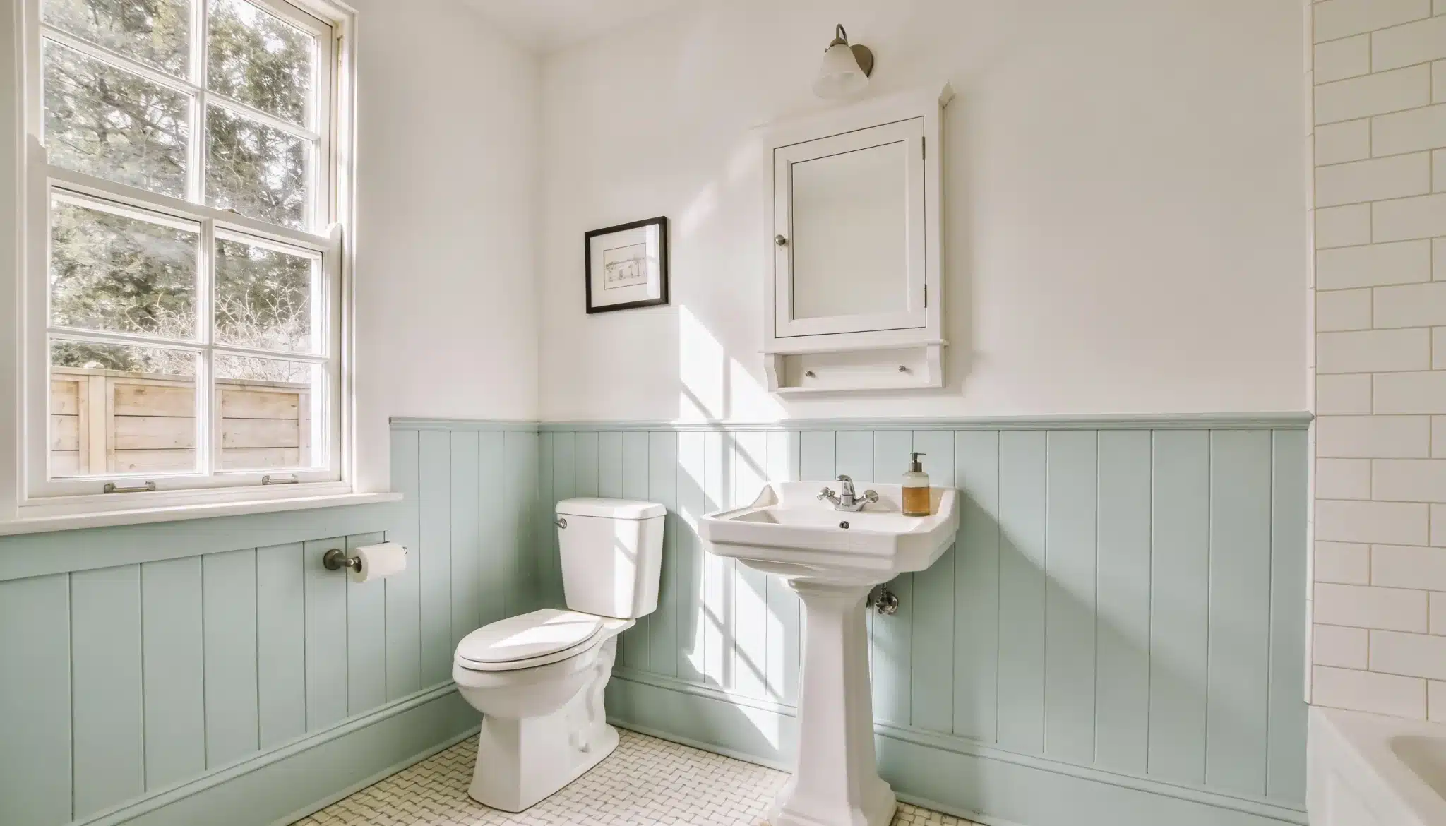 Bathroom with two-tone wall in Mint Condition mint green and Snowbound off-white for a fresh look