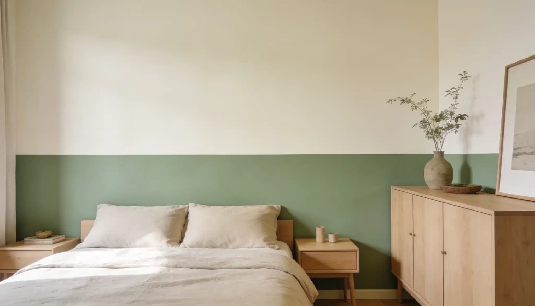 Bedroom with two-tone wall in Clary Sage green and Alabaster cream creating a calm natural look