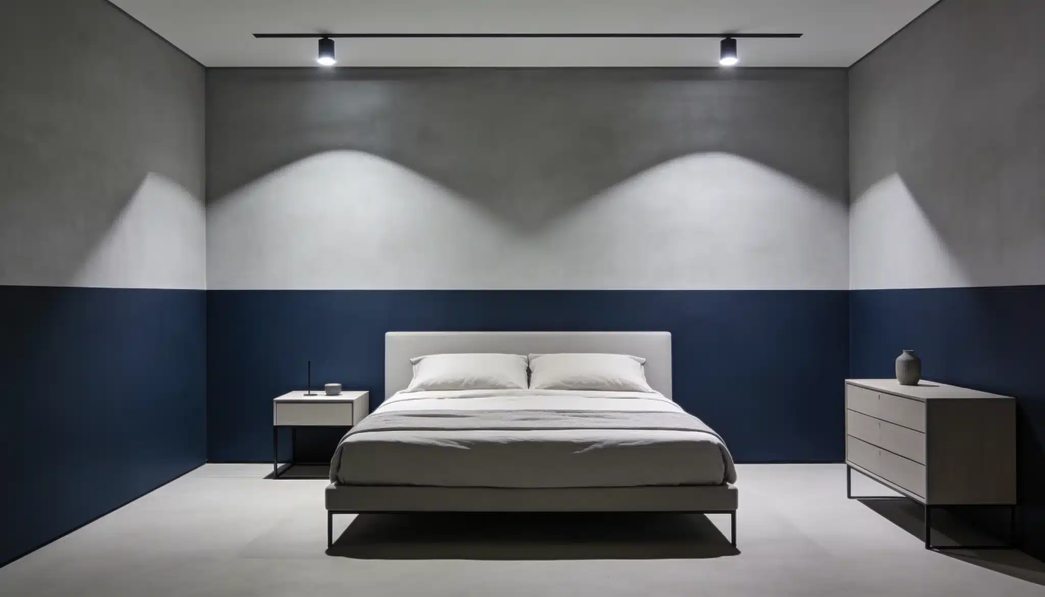 Bedroom with two-tone wall in Hale Navy and Gray Owl showing a bold yet balanced contrast