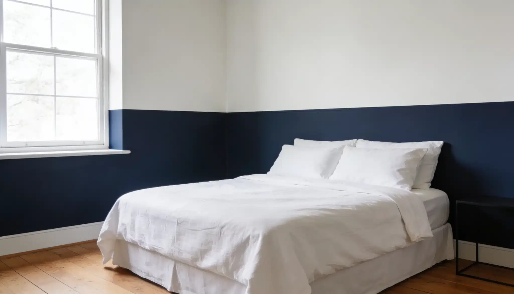 Bedroom with two-tone wall in Naval navy and White Dove white creating a bold yet balanced contrast
