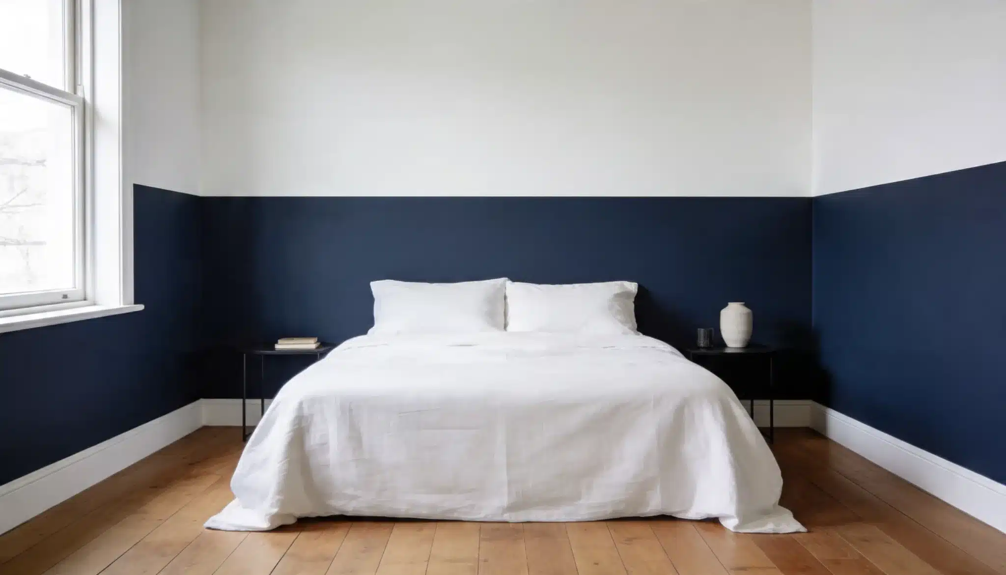 Bedroom with two-tone wall in Naval navy and White Dove white creating a bold yet balanced contrast