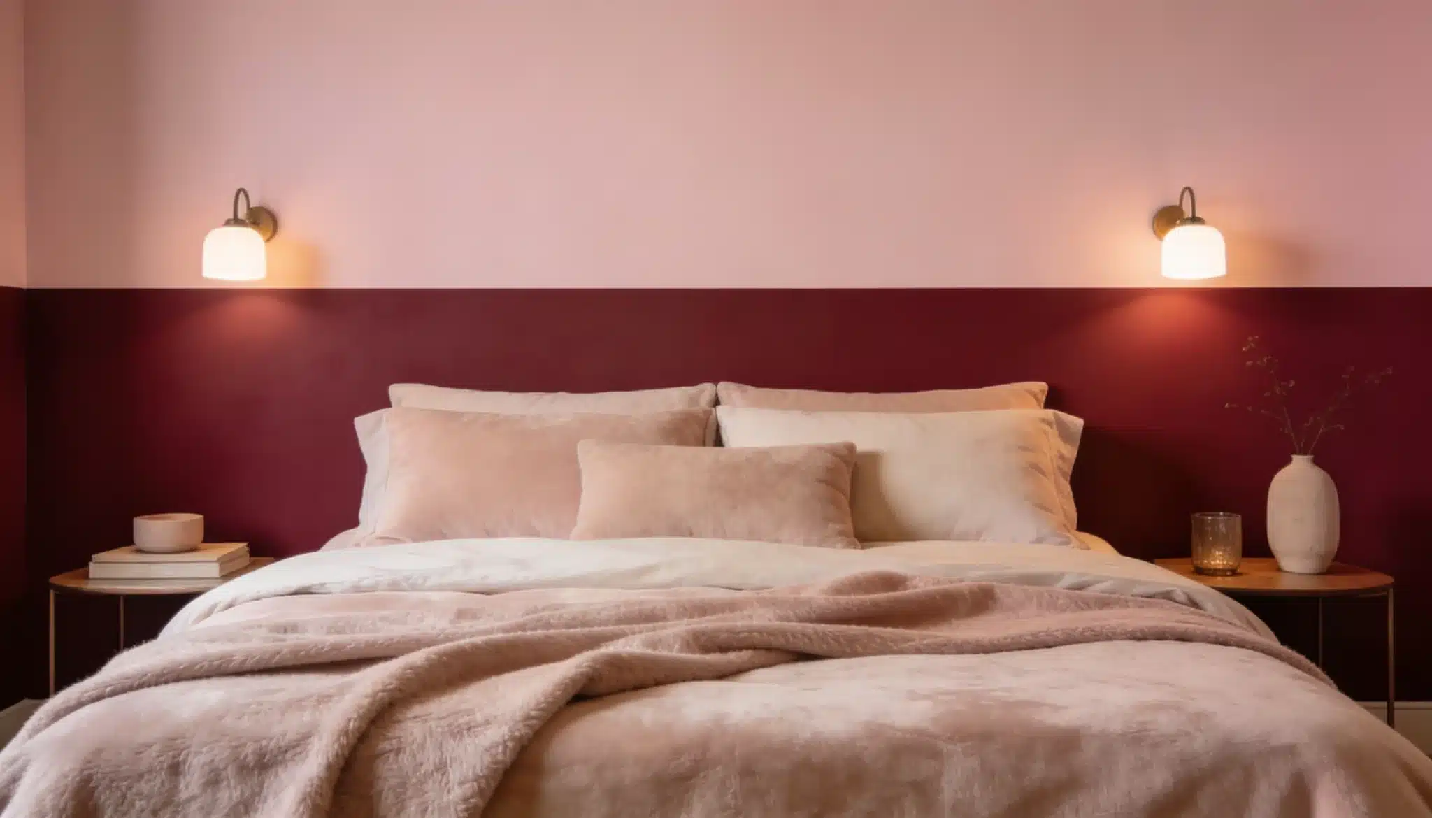 Bedroom with two-tone wall in New London Burgundy and First Light blush pink for a warm intimate feel