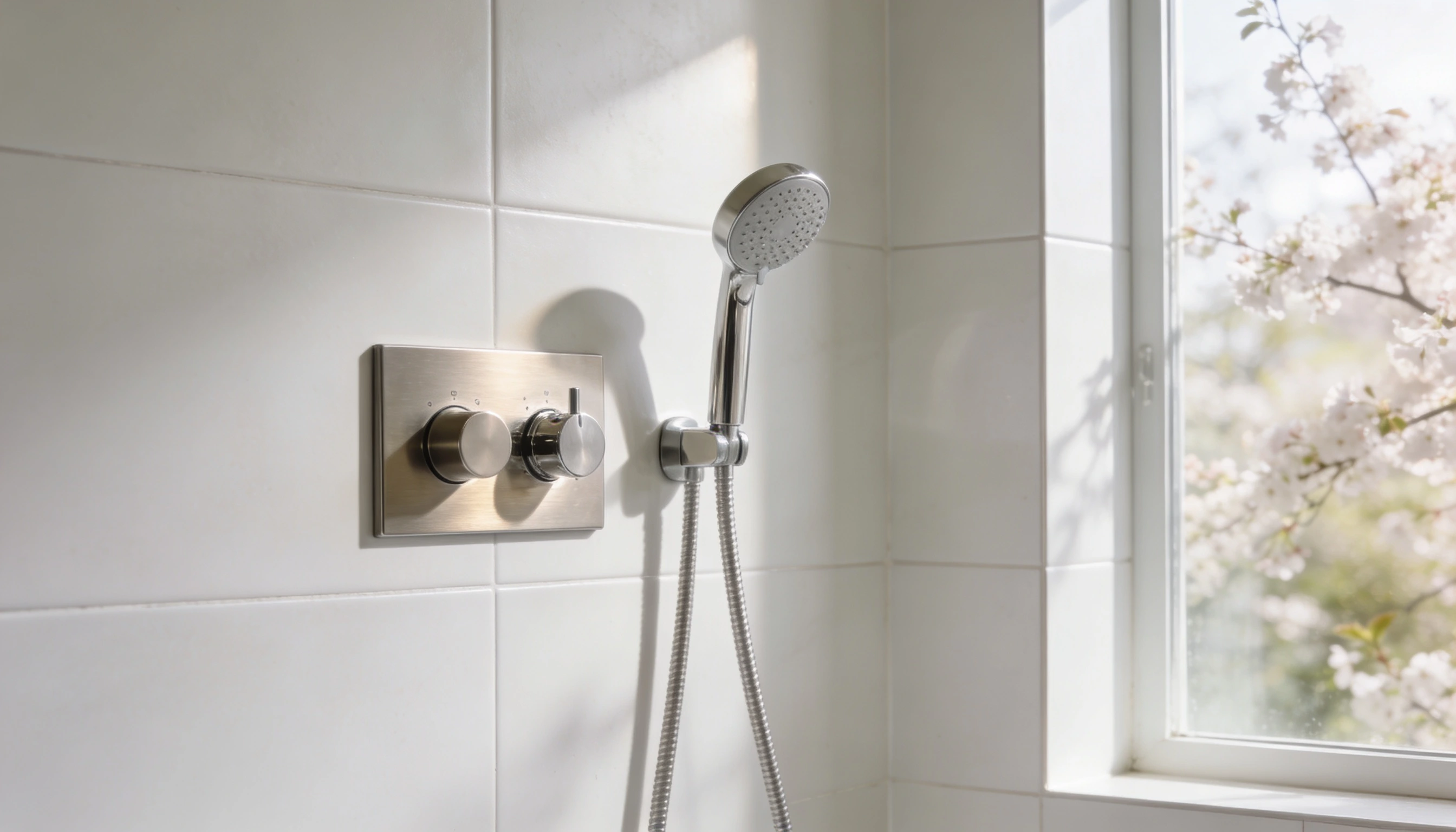 Brushed nickel shower controls and handheld sprayer mounted on white subway tile next to a bright window showing blooming white blossoms
