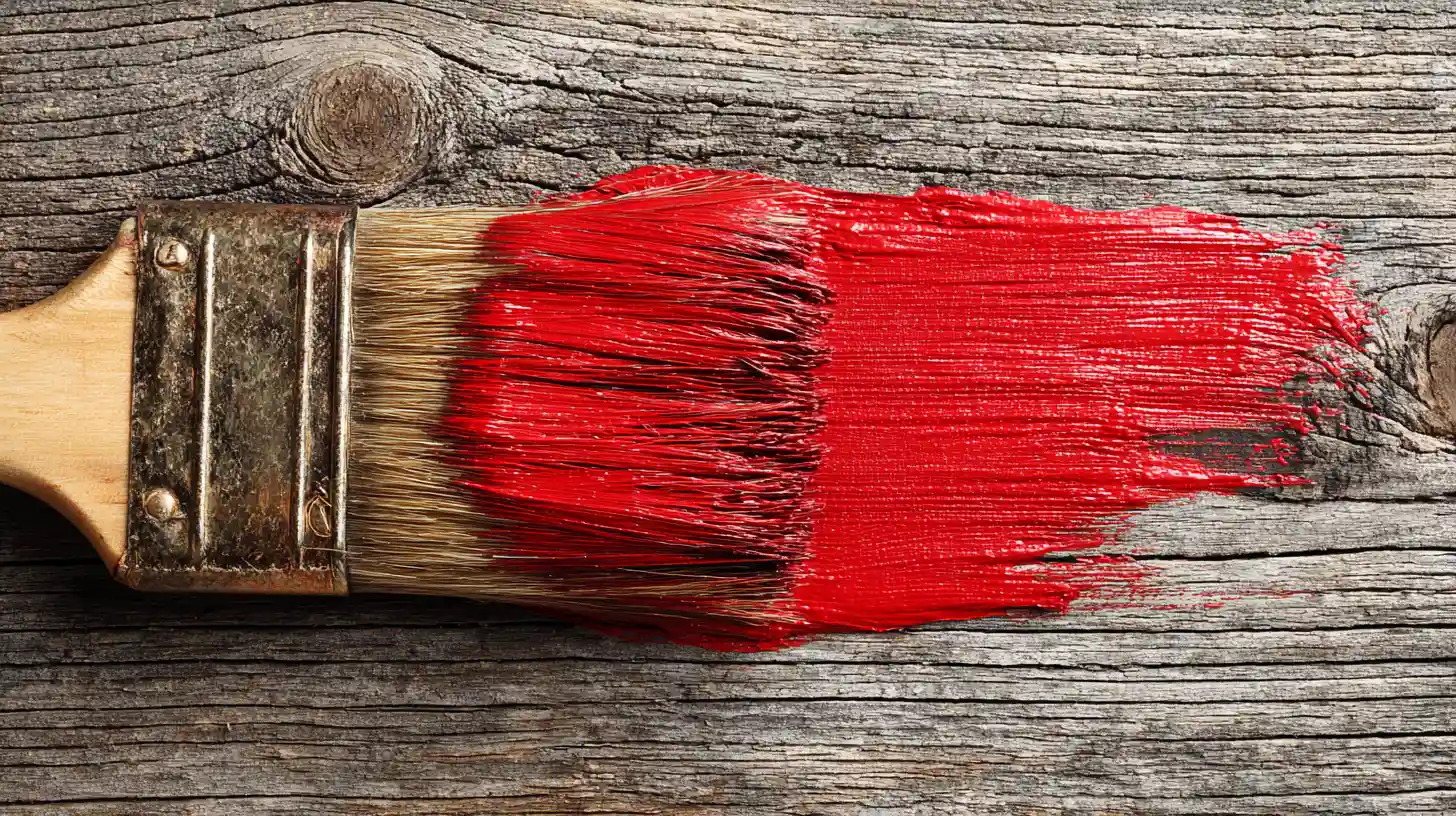 Close-up of a paintbrush applying a thick streak of vibrant red paint across weathered, gray wooden planks