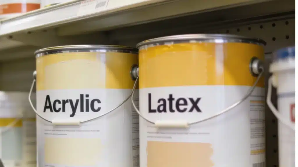 Close-up of two yellow and white paint cans labeled Acrylic and Latex sitting on a hardware store shelf.