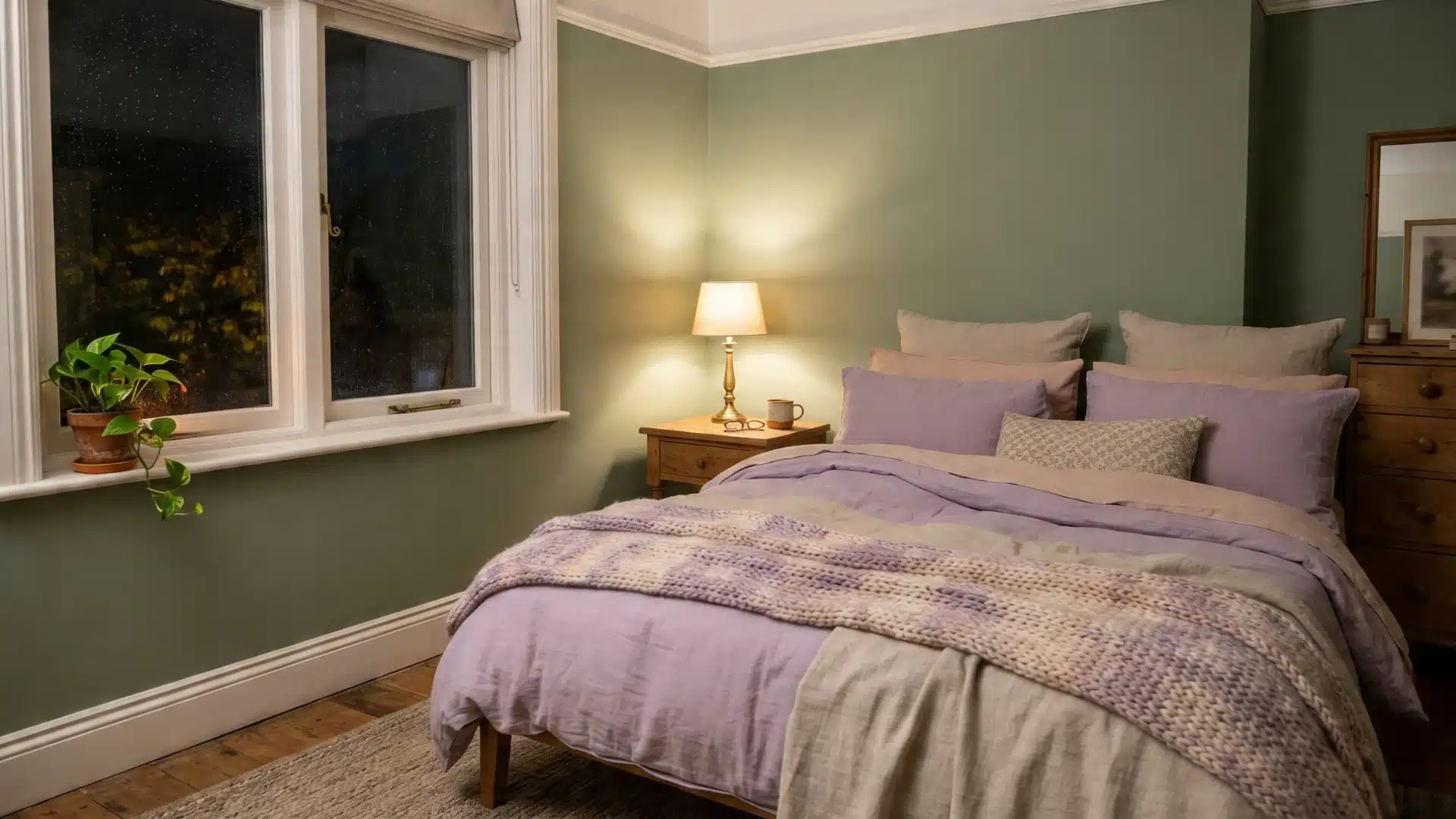 Cozy bedroom featuring sage green walls, a bed with lavender and beige linens, a lit bedside lamp, and a window showing darkness outside