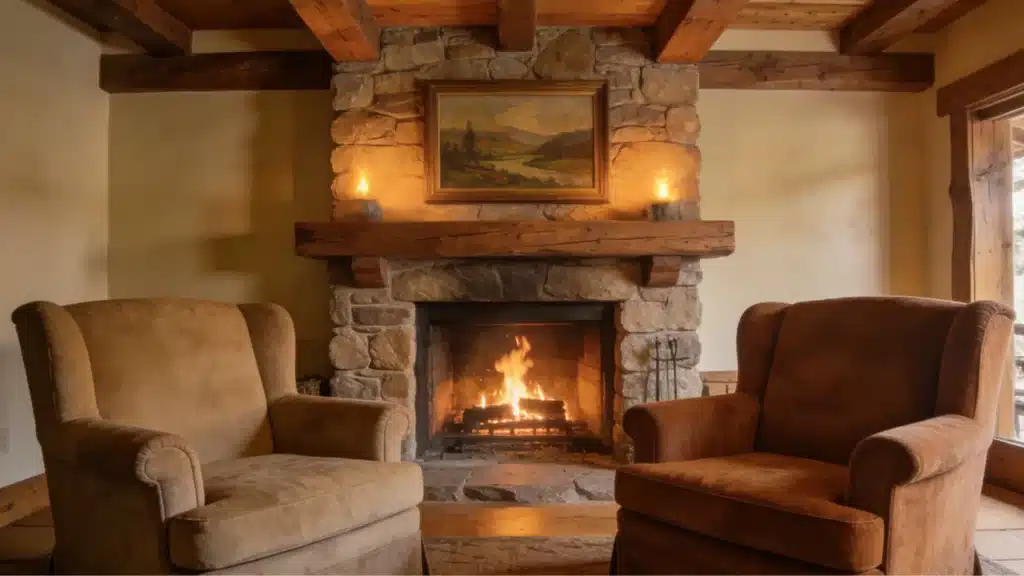 Cozy living room with a roaring stone fireplace flanked by two plush armchairs under rustic wooden beams