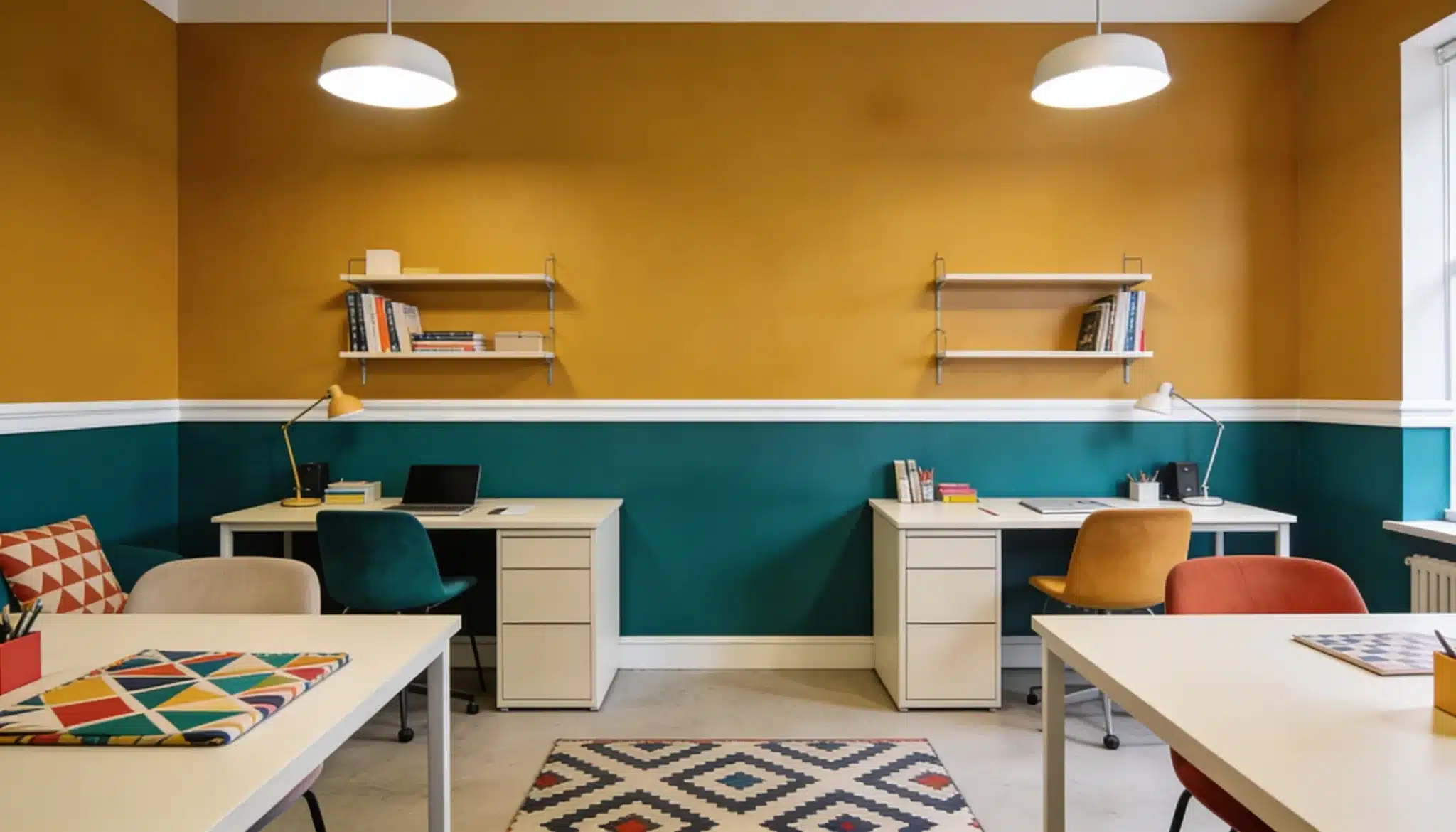Creative room with two-tone wall in Ocean Abyss teal and Spiced Mustard for a bold retro style