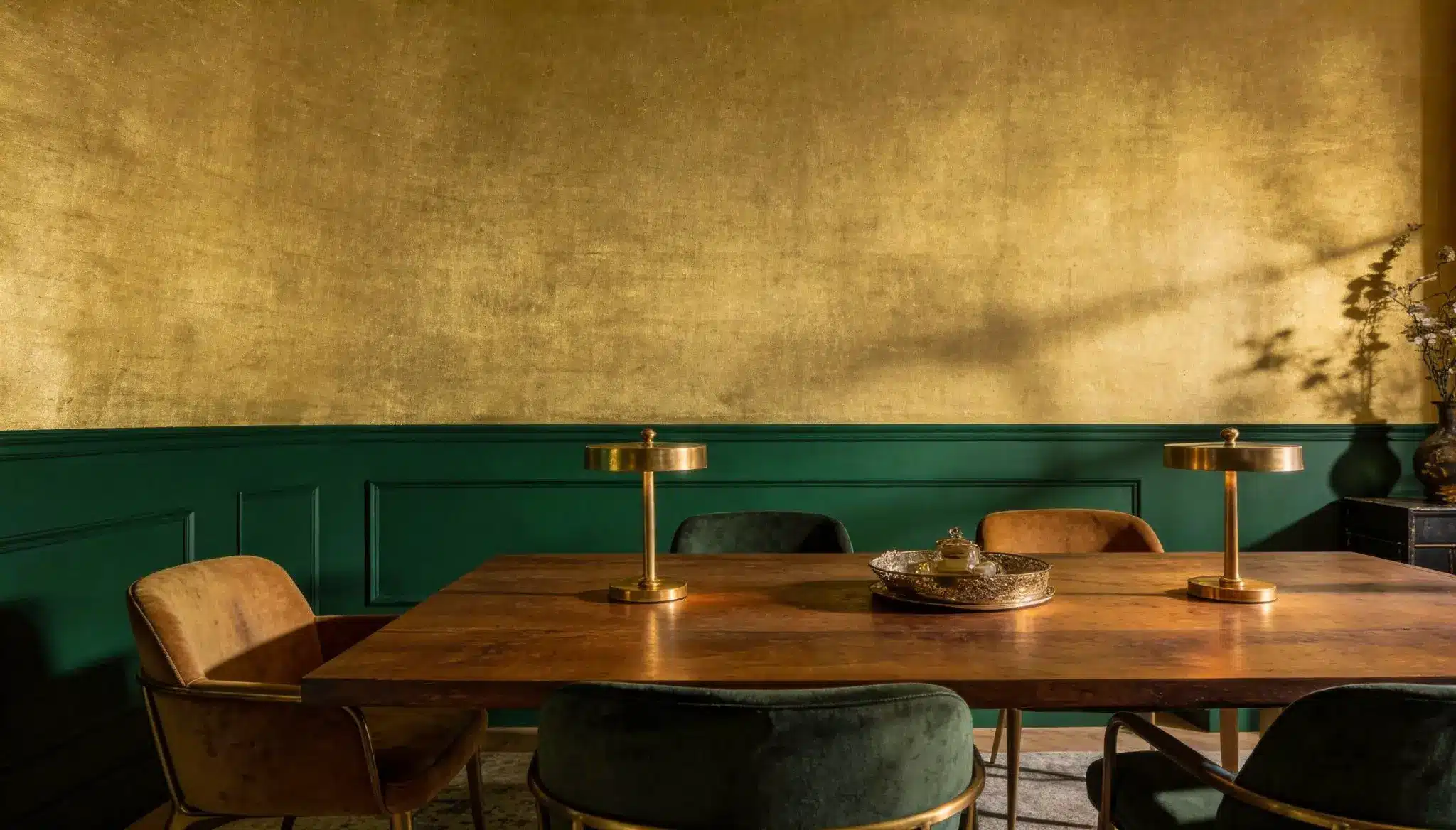 Dining room with two-tone wall in Royal Orchard emerald green and Gold Leaf for a rich dramatic look