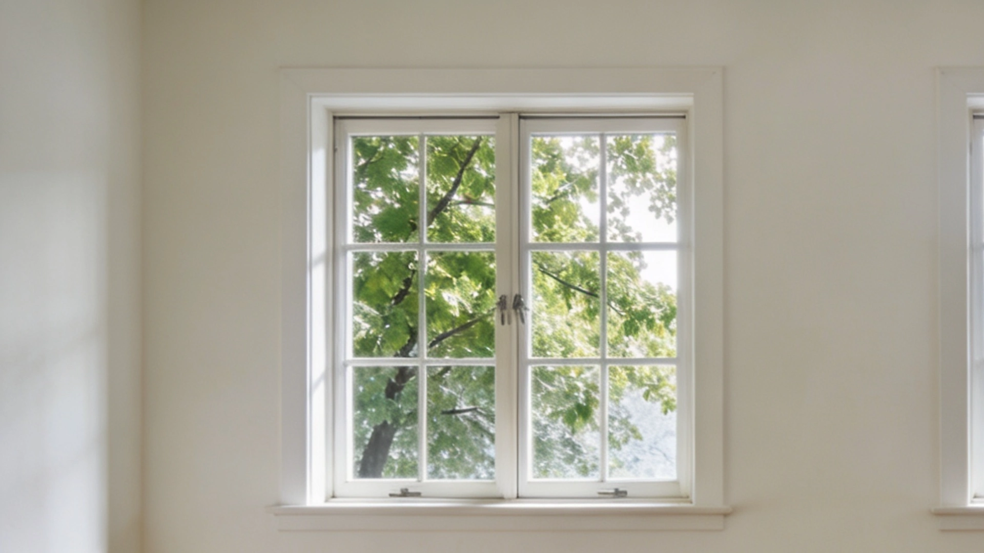 Empty room with light wood floors and white walls featuring two windows showing contrasting summer foliage and snow-covered evergreen trees.