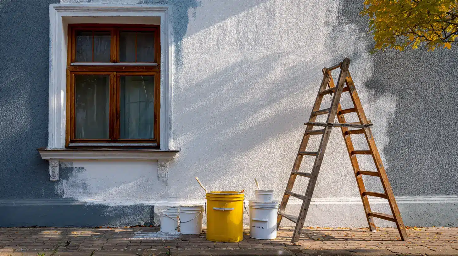 Exterior house painting in progress showing a wooden ladder, paint buckets, and a window against a wall partially covered in fresh white paint over blue stucco.
