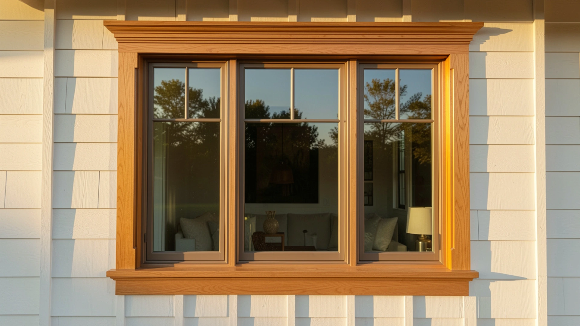 Exterior view of a triple-pane window with detailed wood trim set against white cedar shake siding, reflecting trees at sunset.