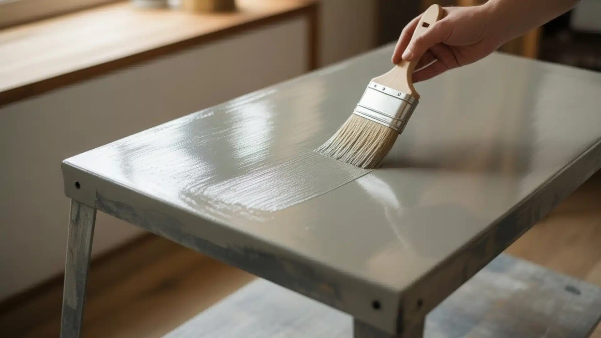 Hand applying light gray paint with a wide brush to a metal surface of a small table in a well lit interior setting.