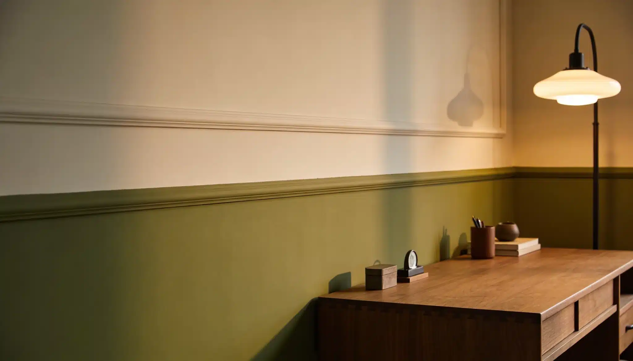 Home office with two-tone wall in Ripe Olive green and Accessible Beige for a grounded neutral look