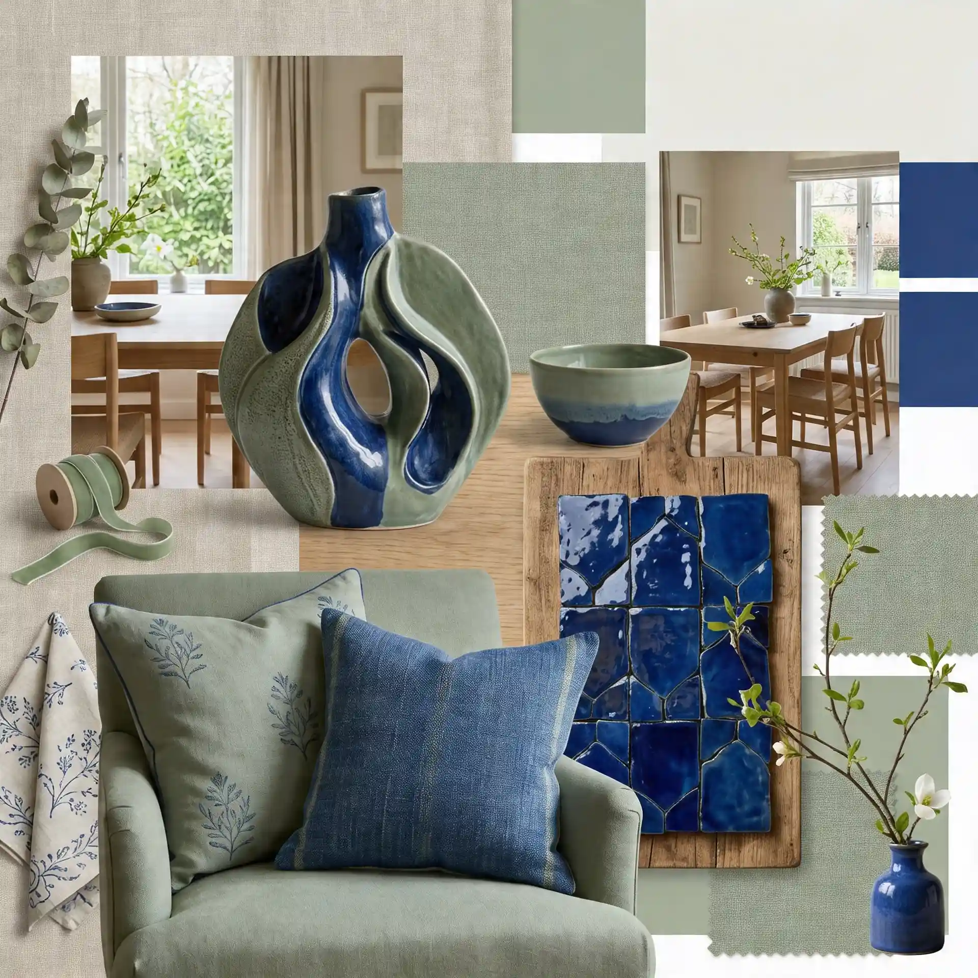 Interior design mood board featuring sage green, navy blue, and natural wood accents with ceramic art, textiles, and dining room vignettes