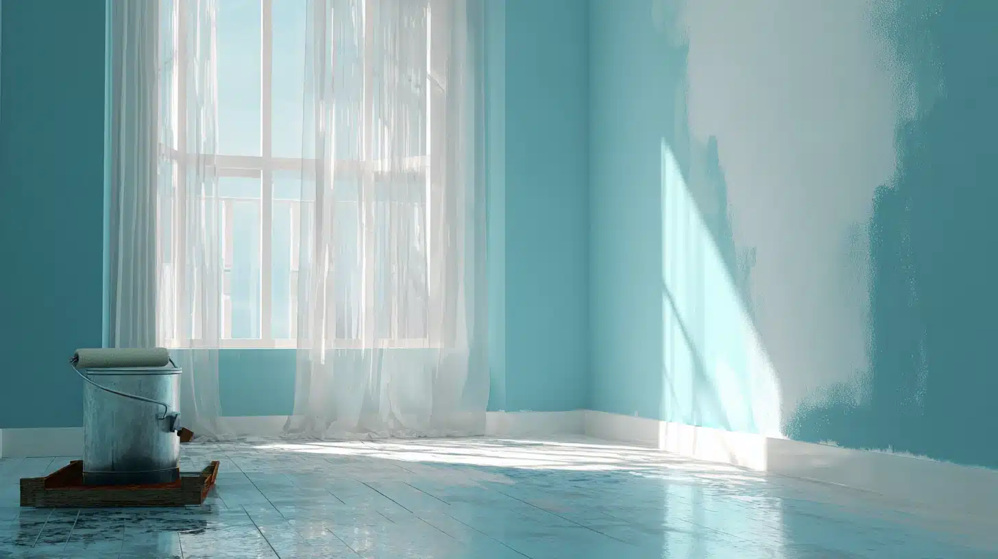 Interior room with bright teal walls partially painted white, featuring a large window with sheer white curtains and a paint roller bucket on the floor.
