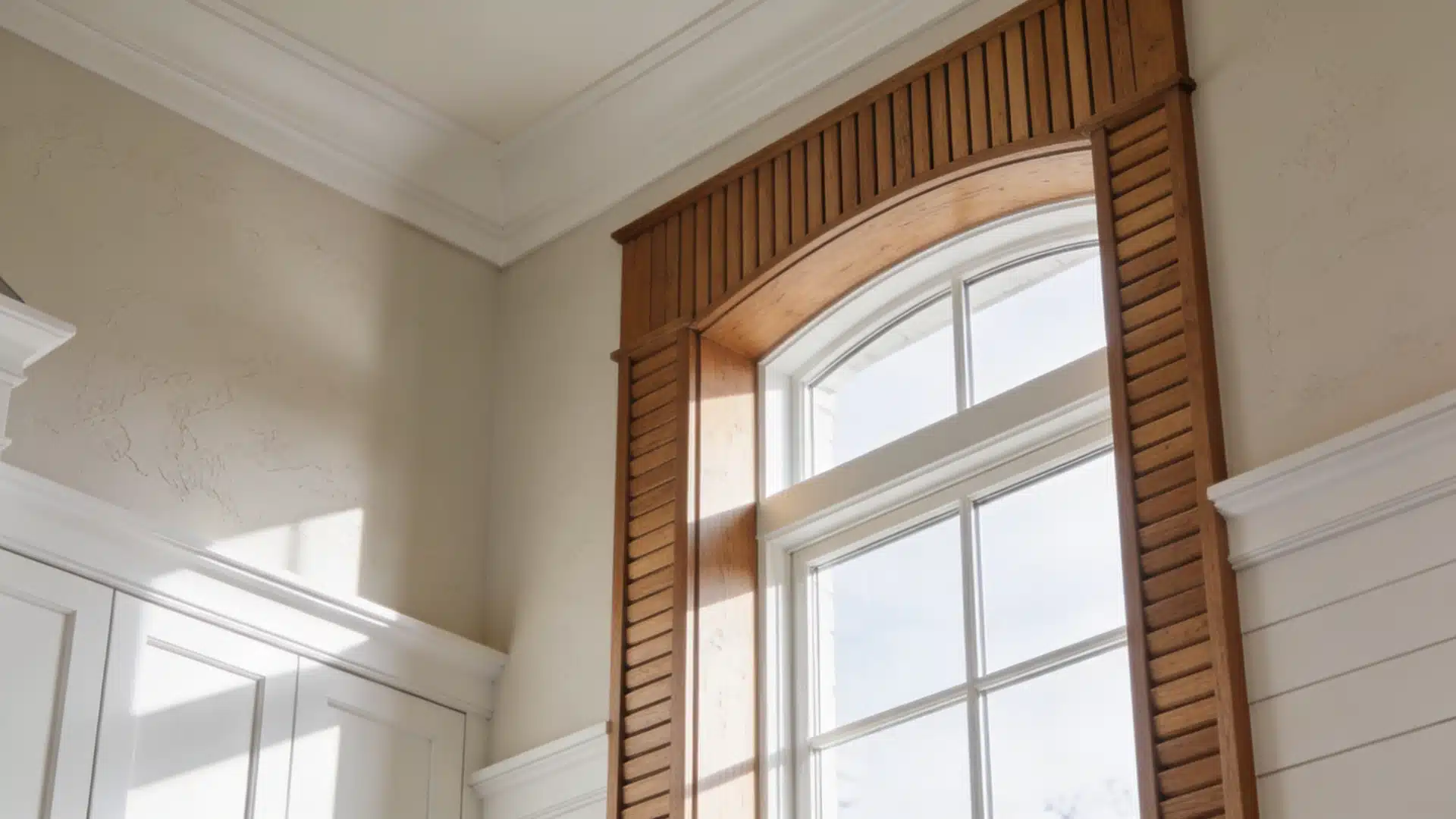 Interior view of a white arched window framed by custom natural wood millwork featuring vertical slats, set against beige textured walls with white crown molding.