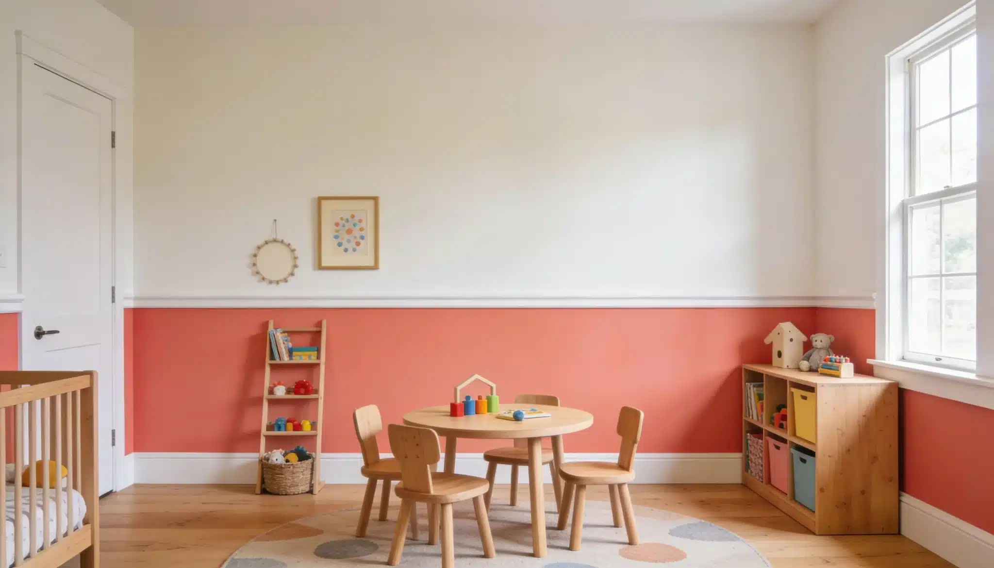 Kids room with two-tone wall in Coral Fountain and Swiss Coffee for a bright playful feel