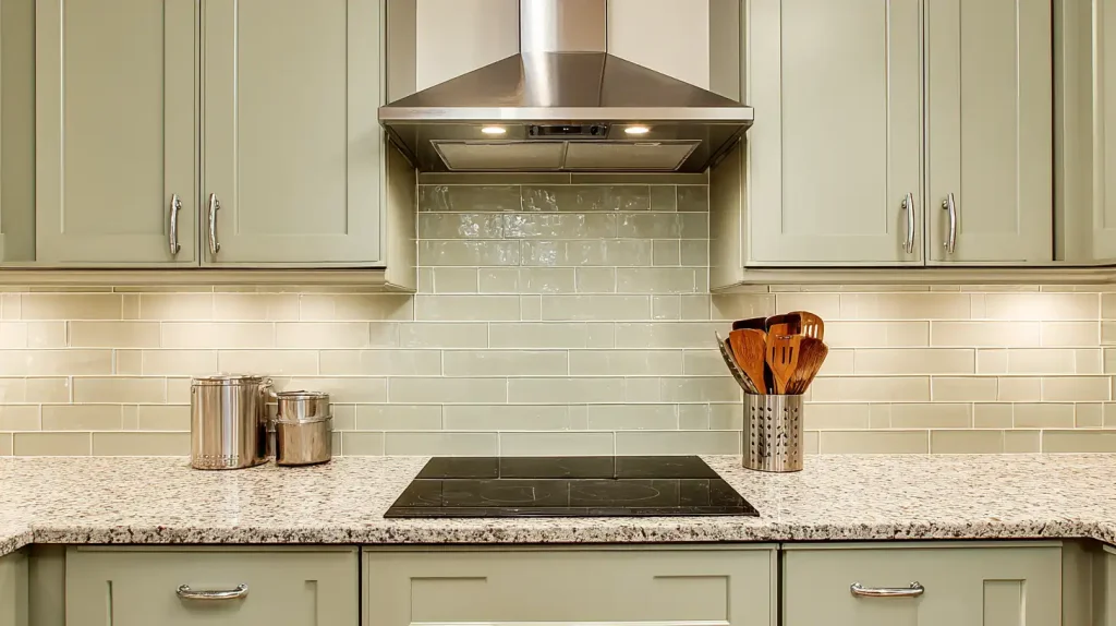 Kitchen countertop featuring a black induction cooktop, sage green cabinetry, subway tile backsplash, and stainless steel range hood.
