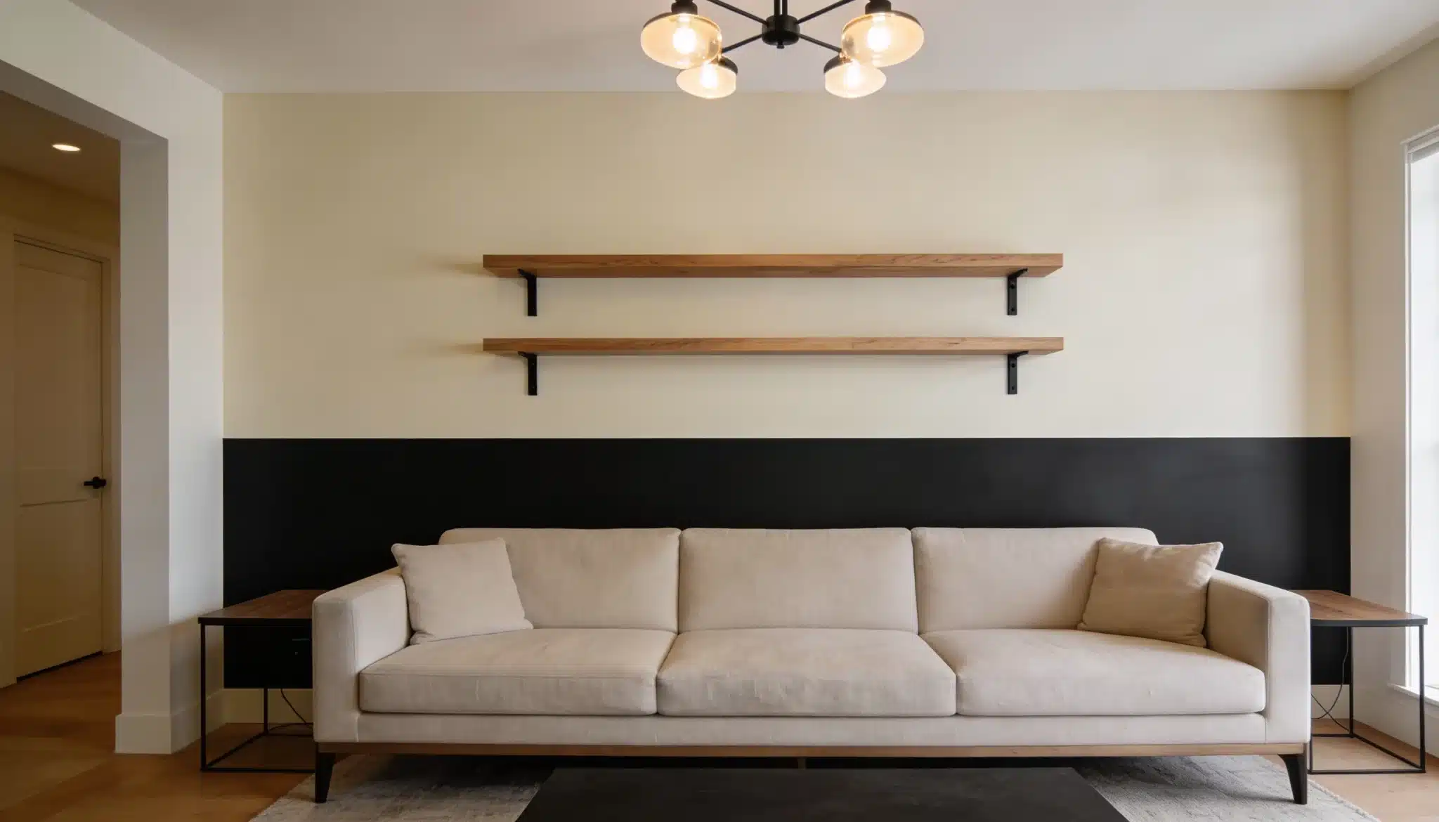 Living room with two-tone accent wall in Tricorn Black and Toasted Almond with natural wood elements