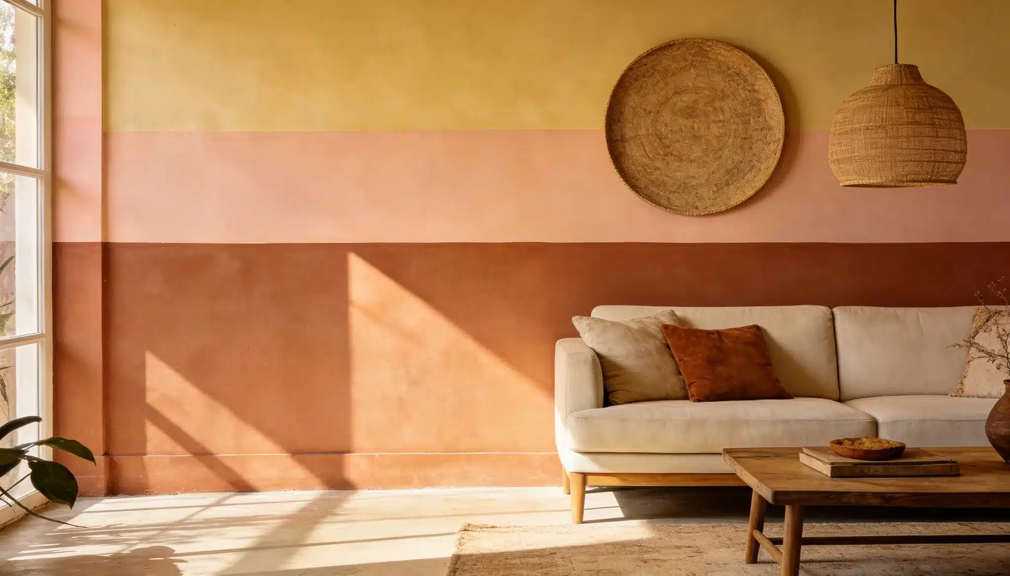 Living room with two-tone wall in Terra Cotta Clay and Peach Mimosa creating a warm earthy look