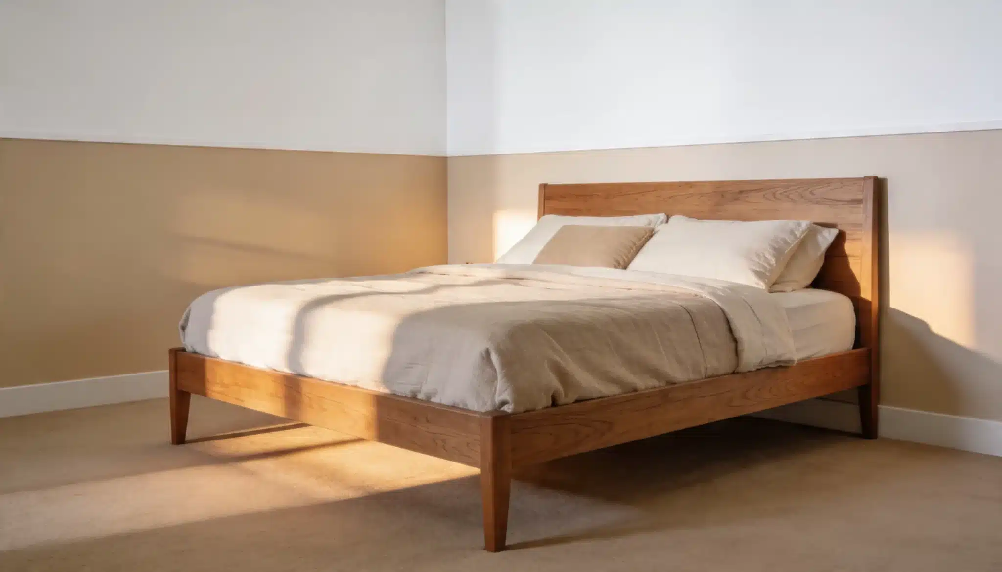 Mid-century modern wooden bed frame with neutral linen bedding rests on beige carpet bathed in warm sunlight stripes