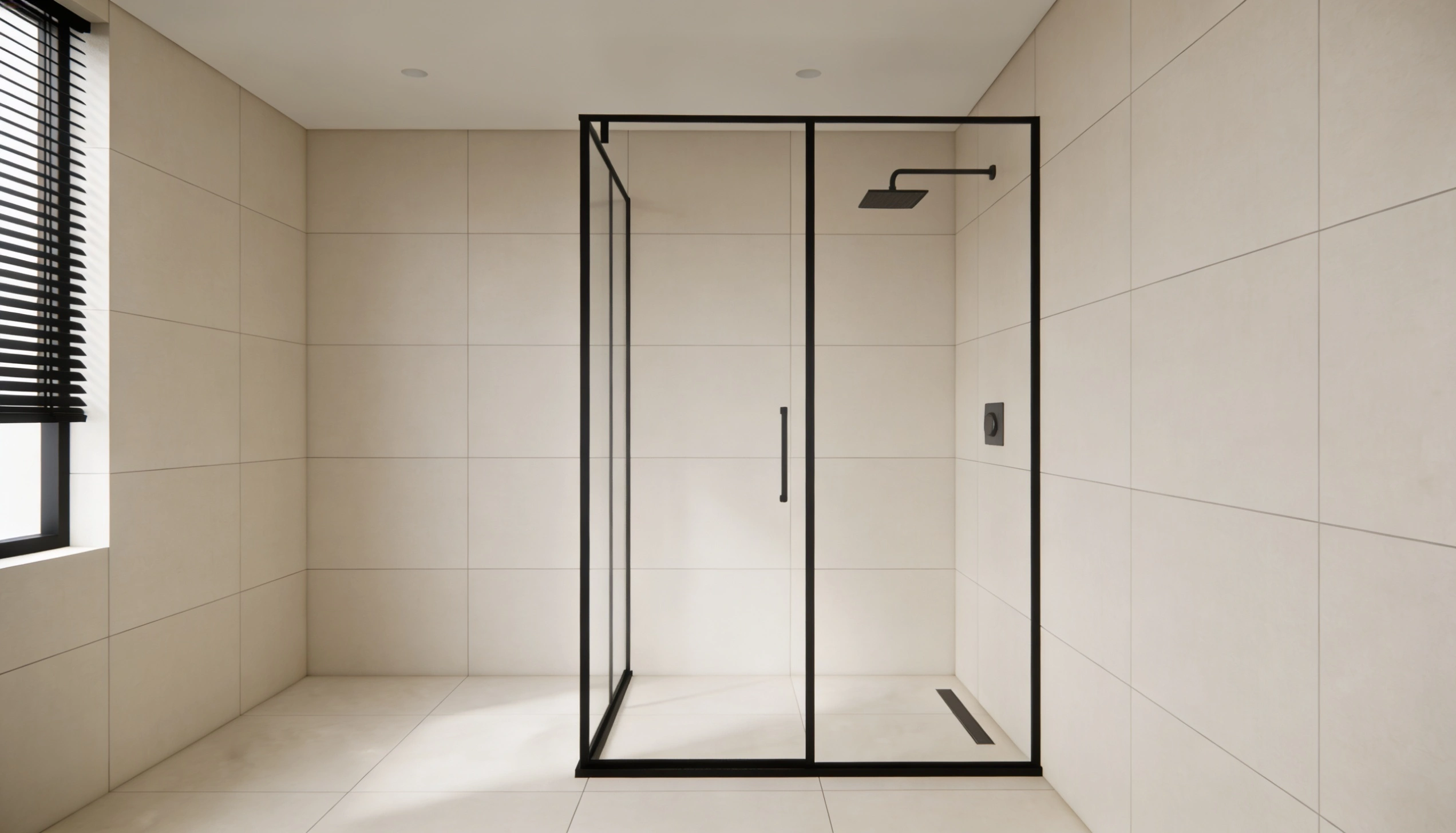 Modern bathroom featuring a walk-in shower enclosure with black framing a black square rainfall showerhead and light beige tiled walls