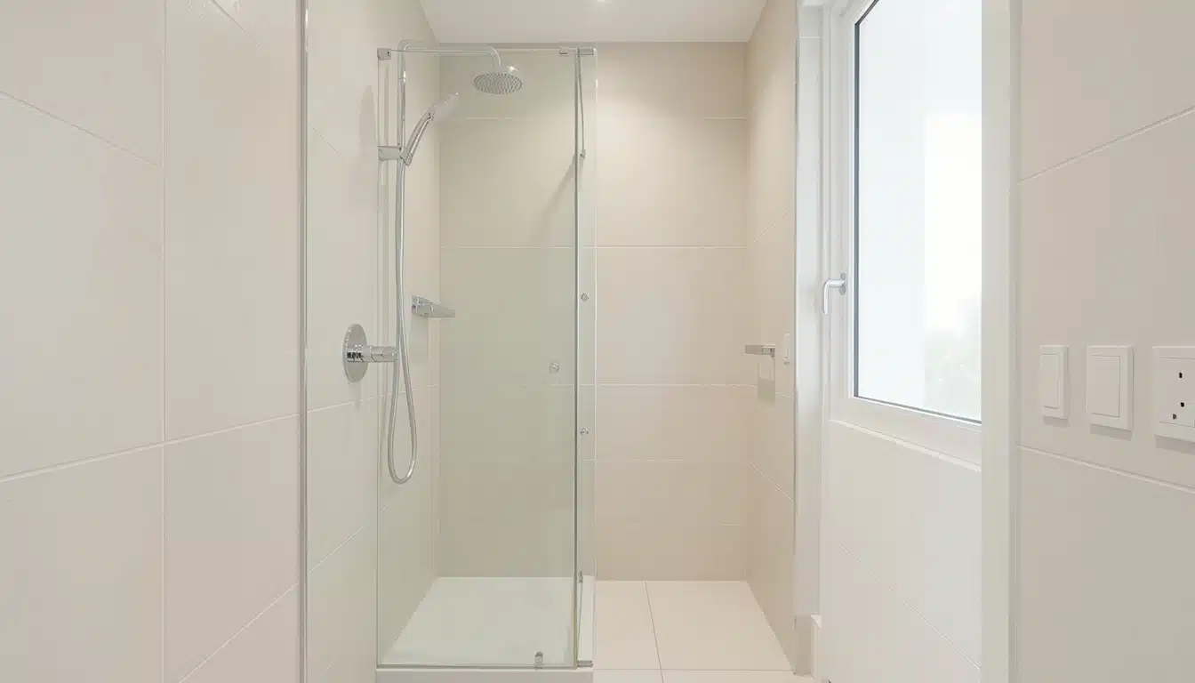 Modern bathroom featuring a walk-in shower with a frameless glass door beige tiled walls and a white window nearby
