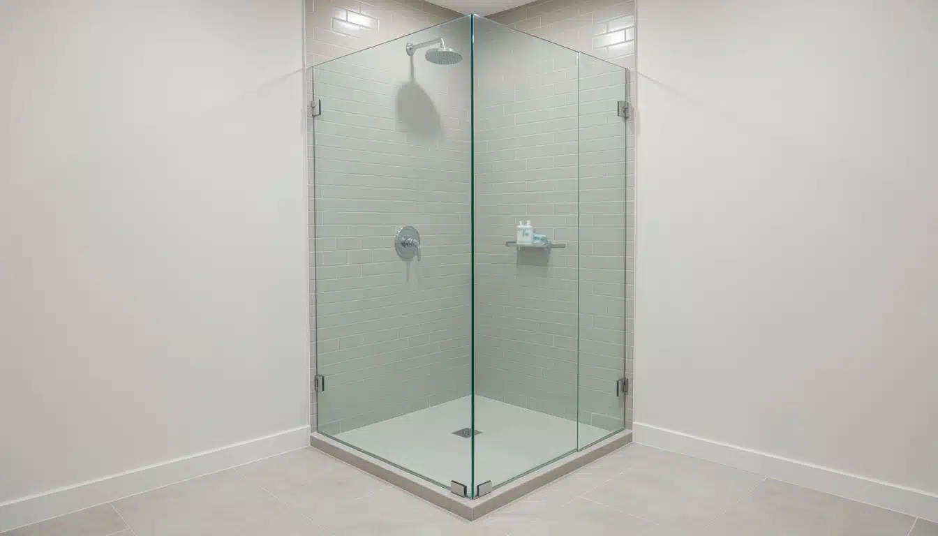 Modern corner shower enclosure featuring frameless glass panels light subway tile and chrome fixtures in a bathroom with light gray flooring and white walls