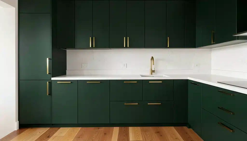 Modern kitchen with Sherwin-Williams Greenblack SW 6994 cabinets white quartz countertops brass hardware and warm oak flooring