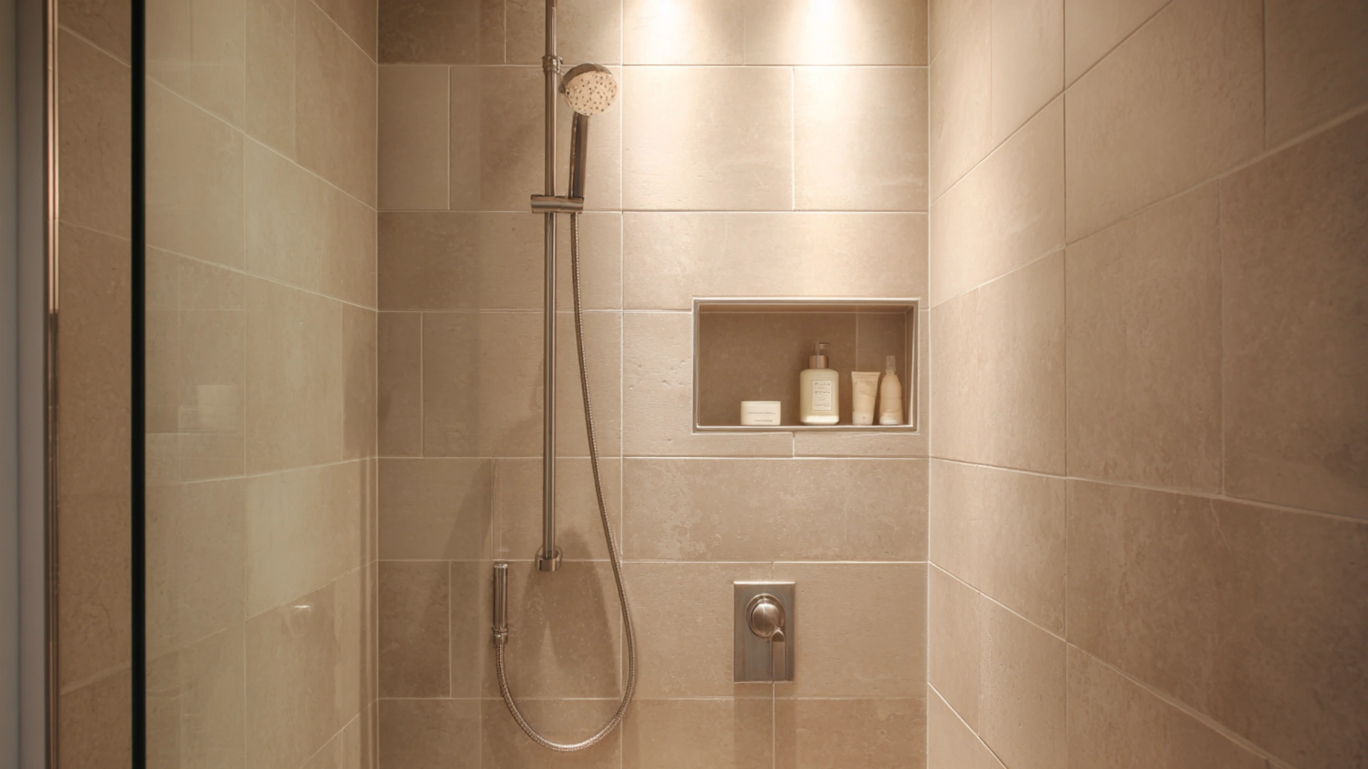 Modern shower stall featuring beige tiled walls a handheld shower head a recessed niche holding toiletries