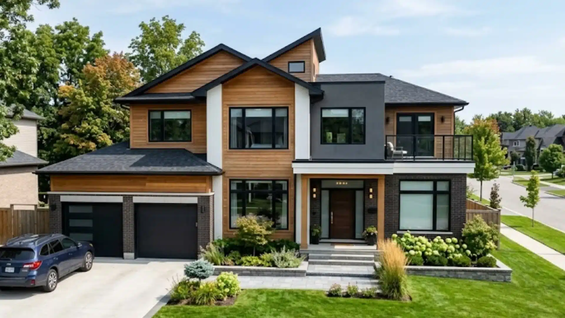 Modern suburban house with wood accents, large windows, balcony, landscaped yard, and attached two-car garage.