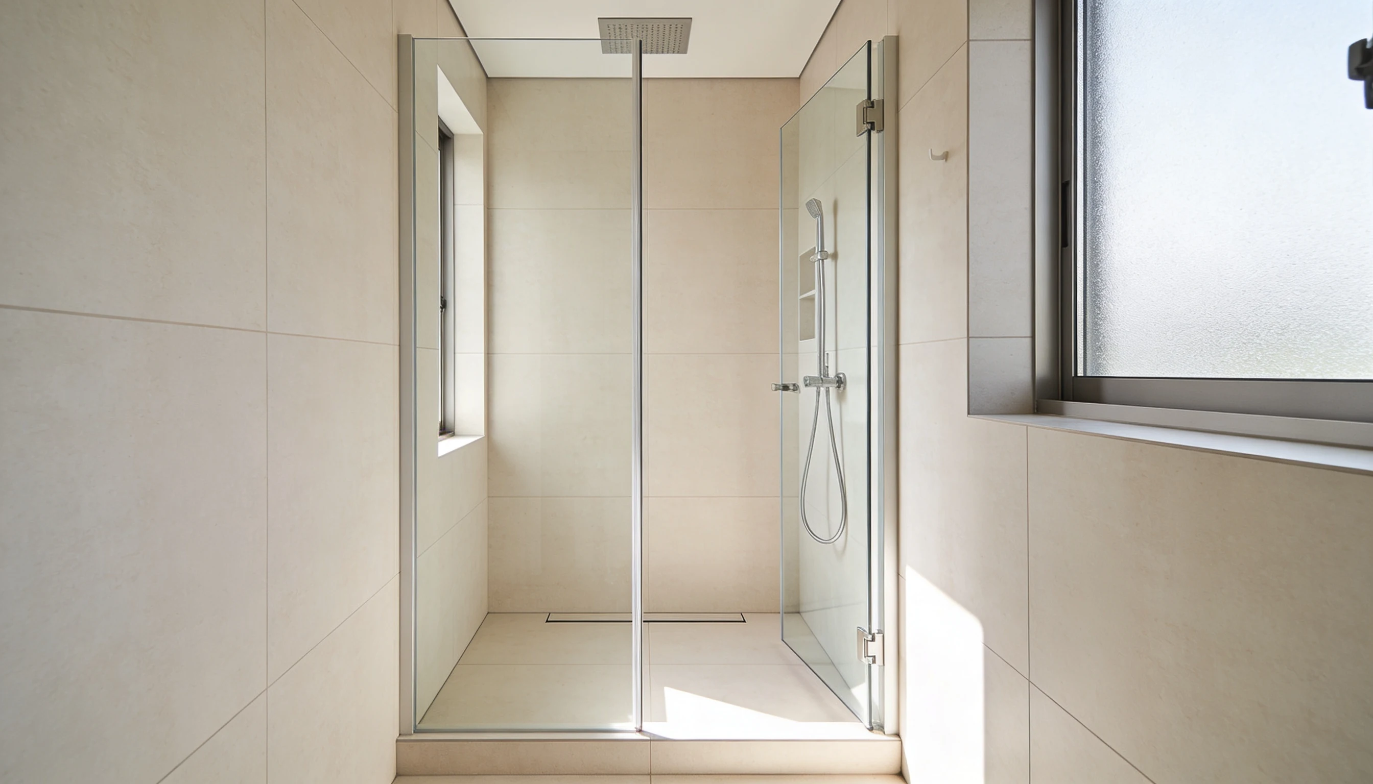 Modern walk-in shower enclosure with frameless glass doors beige wall tiles a square rainfall showerhead and natural light from nearby windows