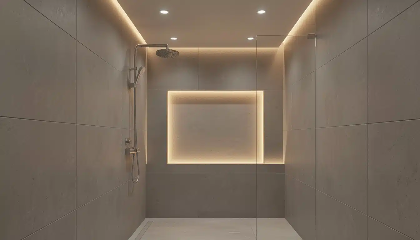 Modern walk-in shower stall with gray tile walls recessed lighting and a rectangular backlit niche