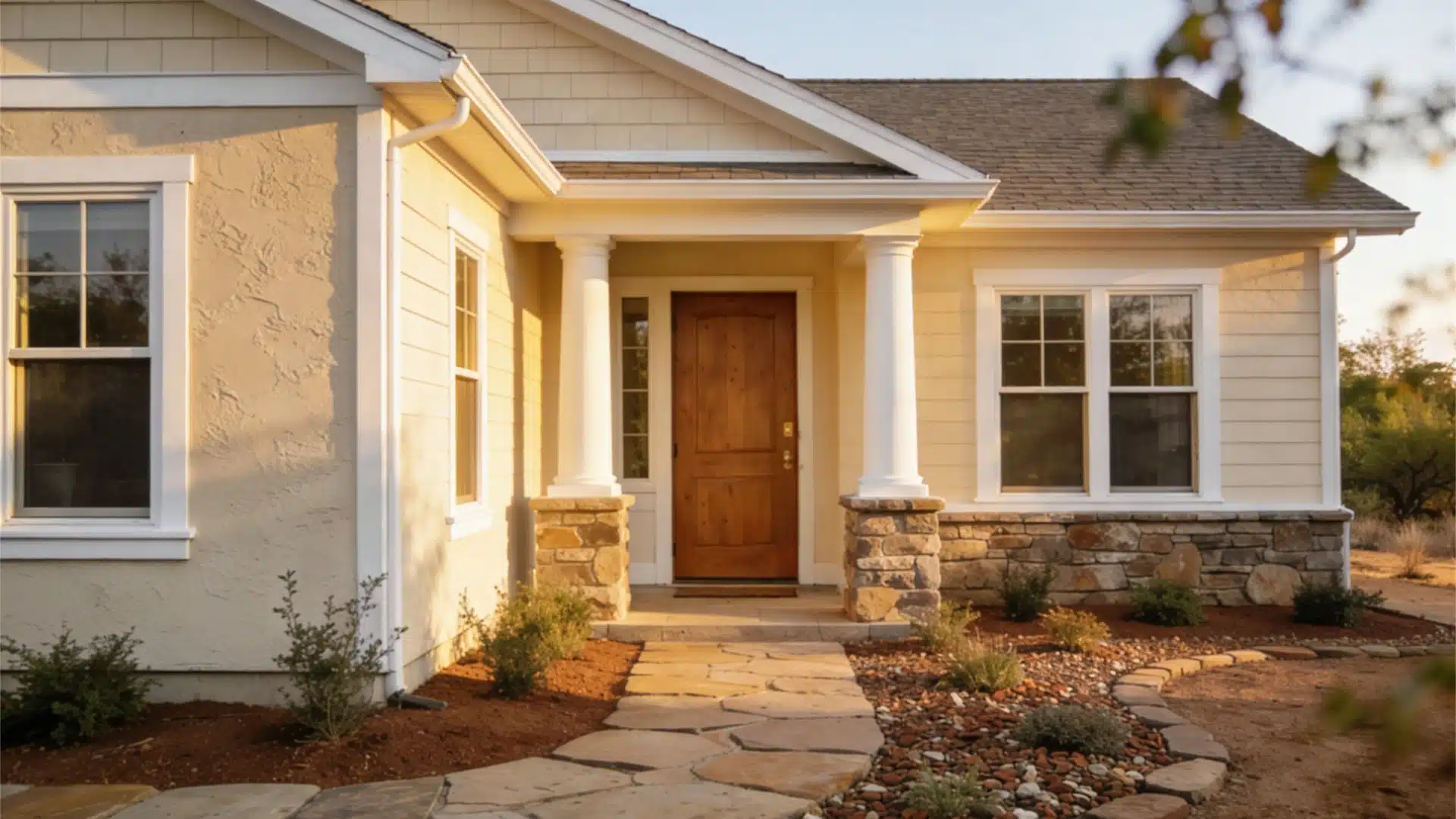 A house featuring a welcoming front door and a neatly arranged stone walkway leading to it