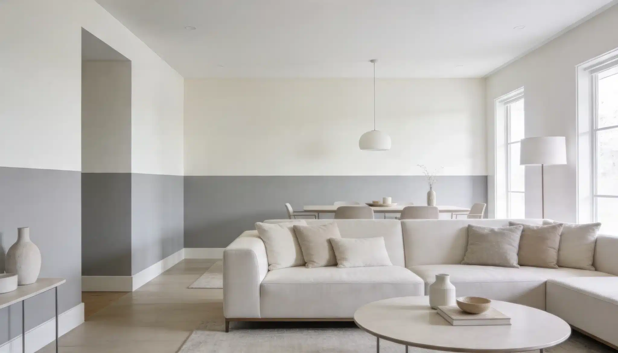 Open living space with subtle two-tone wall in Blank Canvas off-white and Agreeable Gray greige