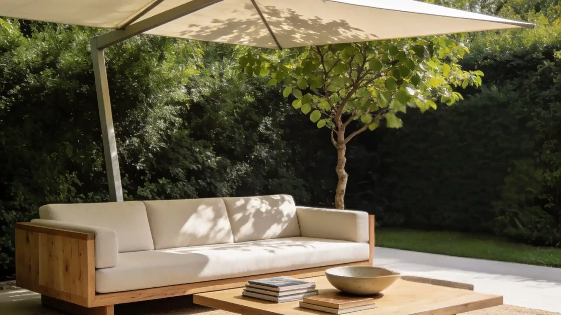 Outdoor living area featuring a wooden-framed sofa with cream cushions, a low wooden coffee table, and two terracotta pots with ornamental grasses under a large cantilever umbrella.