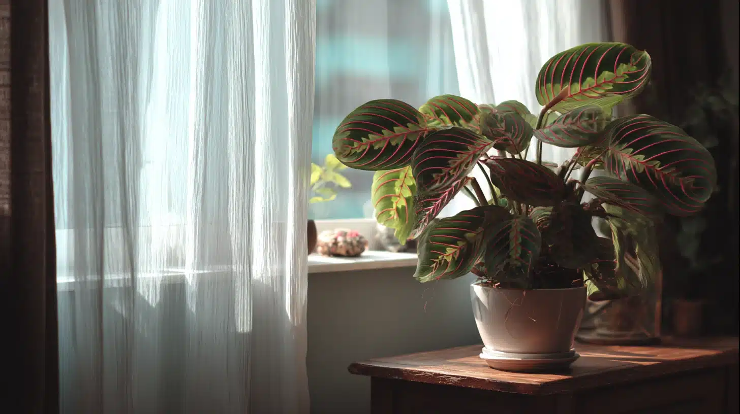 Potted Maranta leuconeura (Prayer Plant) with striking red veins sits on a wooden table next to a sheer white curtain letting in bright window light