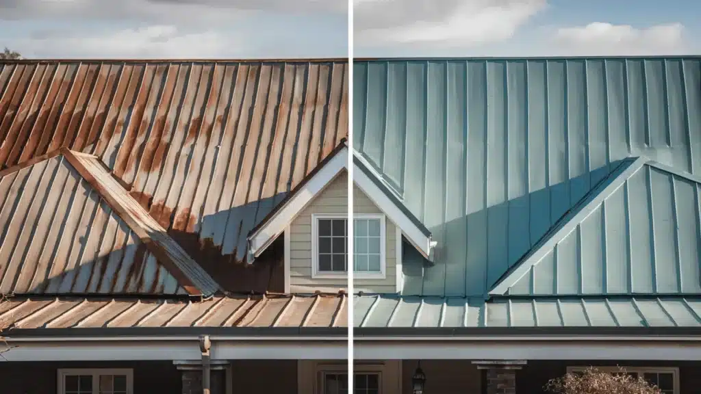 Rusty metal roof beside freshly painted clean roof showing clear transformation and repair result