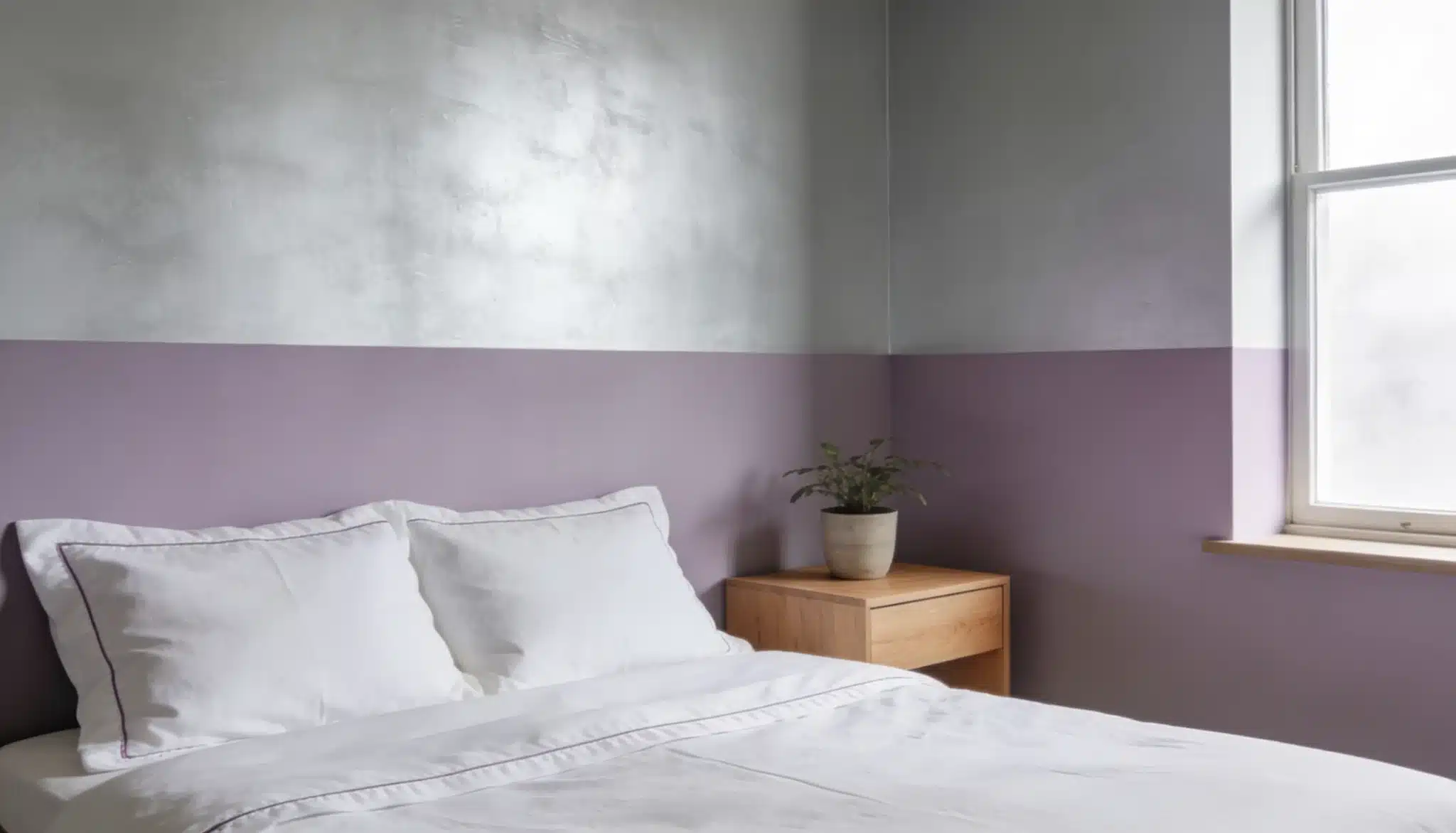 Two-tone wall in a minimal bedroom with lavender on the lower half and soft silver gray above