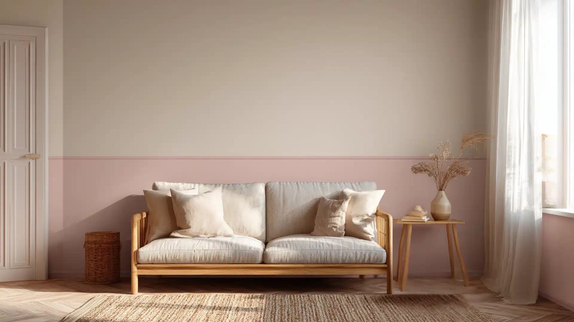 Two-tone wall with dusty pink lower half and warm beige upper half styled with light wood furniture and soft neutral decor in a calm inviting room