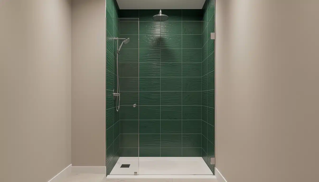 Walk-in shower enclosure featuring dark green textured wall tile a white low-profile base and beige surrounding walls
